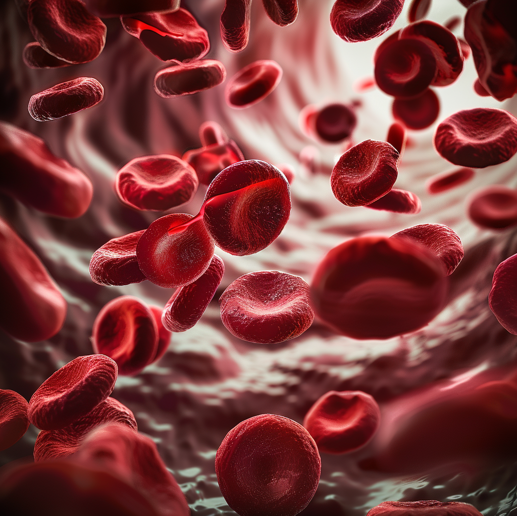 Red blood cells are flowing within the blood vessel carrying the iron to tissues and organs of the body.